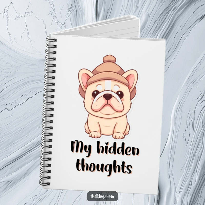Funny Bulldog pup notebook with a cute puppy peeking out from under a small hat, perfect for jotting down thoughts with charm.