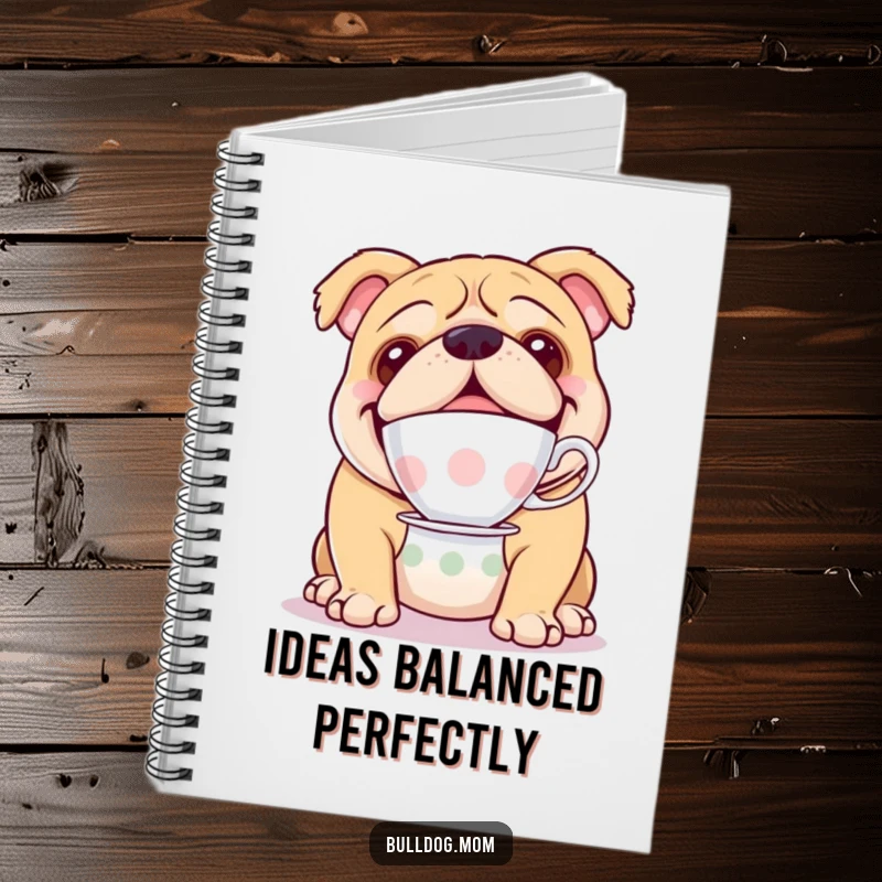 Funny notebook featuring a happy bulldog balancing a teacup on its nose, inspiring elegant thoughts.