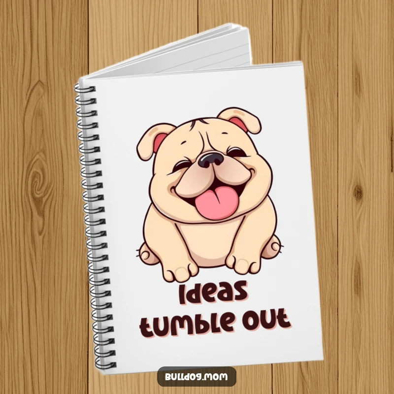 Funny Kawaii bulldog notebook featuring a cute, squishy dog happily snorting and rolling over, perfect for notes.