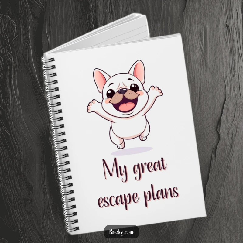 Funny Kawaii Bulldog Notebook showing a cute bulldog jumping with excitement, perfect for capturing inspired thoughts.