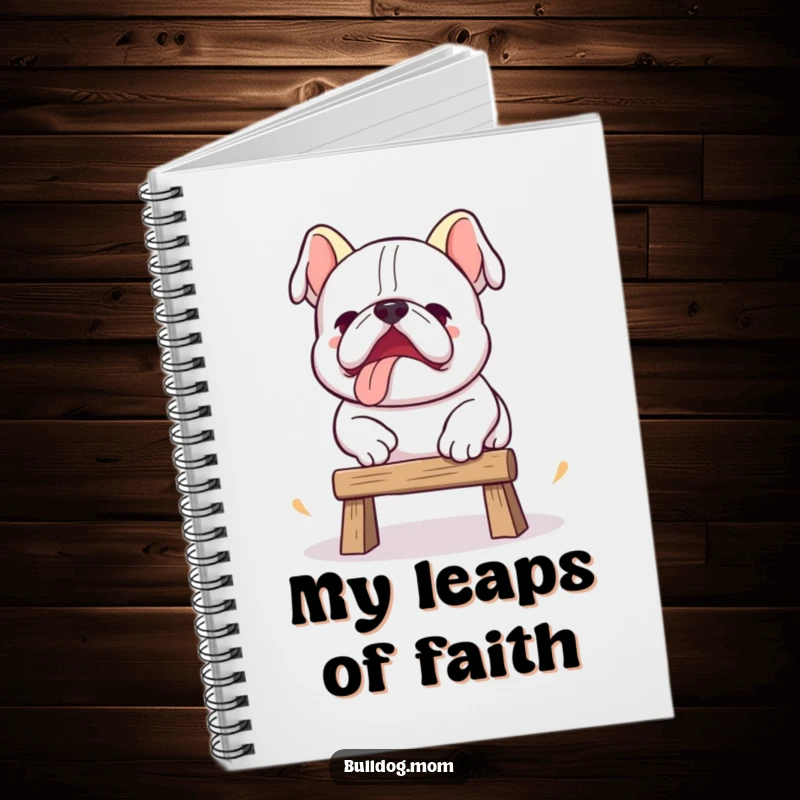 Funny Kawaii bulldog notebook featuring a cute dog attempting a clumsy jump, perfect for notes and plans.