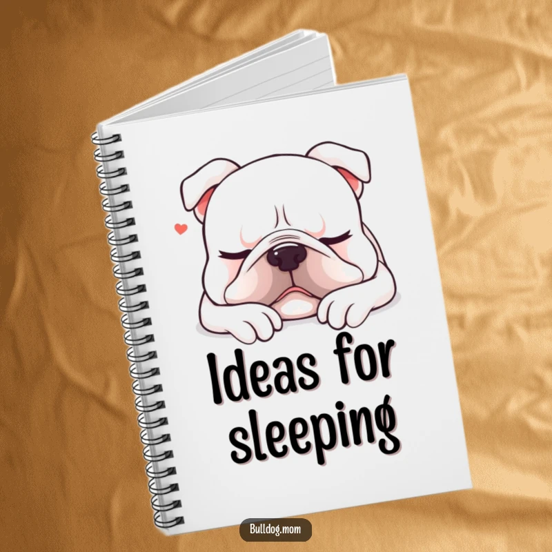 Funny Kawaii bulldog notebook showing a content dog sighing as it settles down for a nap, ideal for journaling peaceful thoughts.