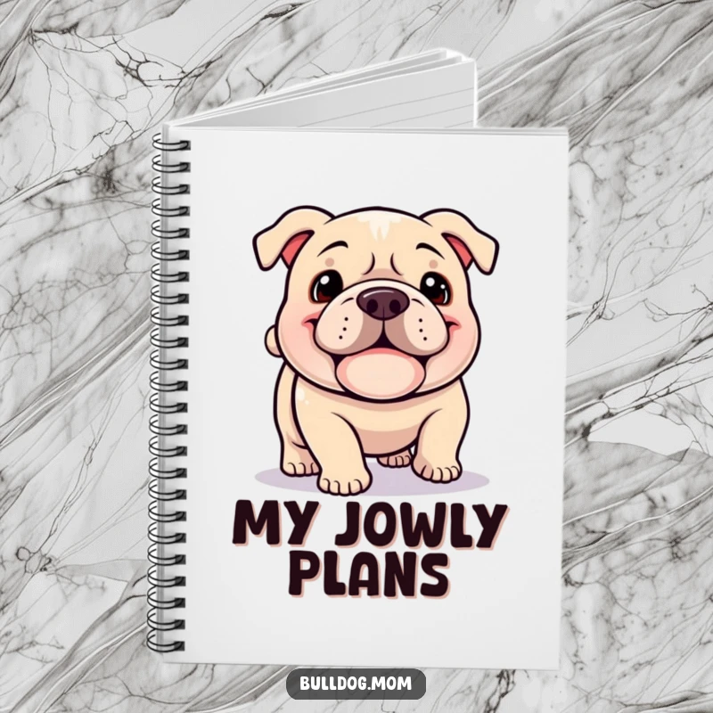 Funny Kawaii Bulldog notebook, a happy dog with a jowly grin happily plodding with a wagging tail, perfect for journaling.