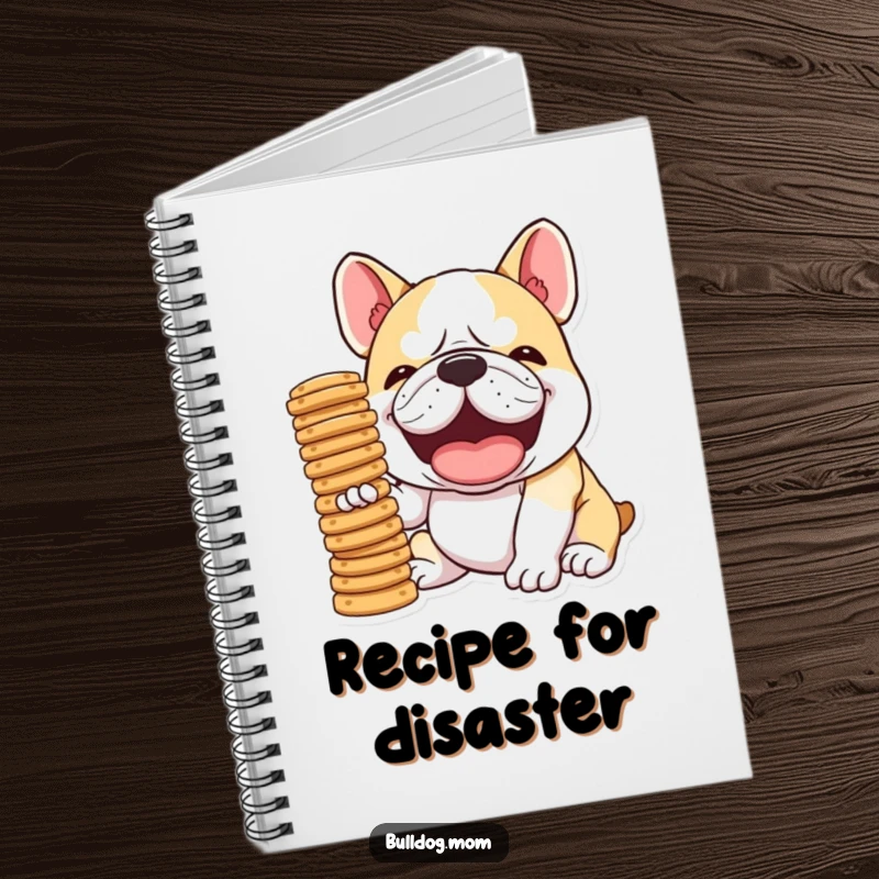 Funny Kawaii Bulldog notebook cover, showing a dog laughing hysterically while balancing a stack of biscuits, a humorous and inspiring design.
