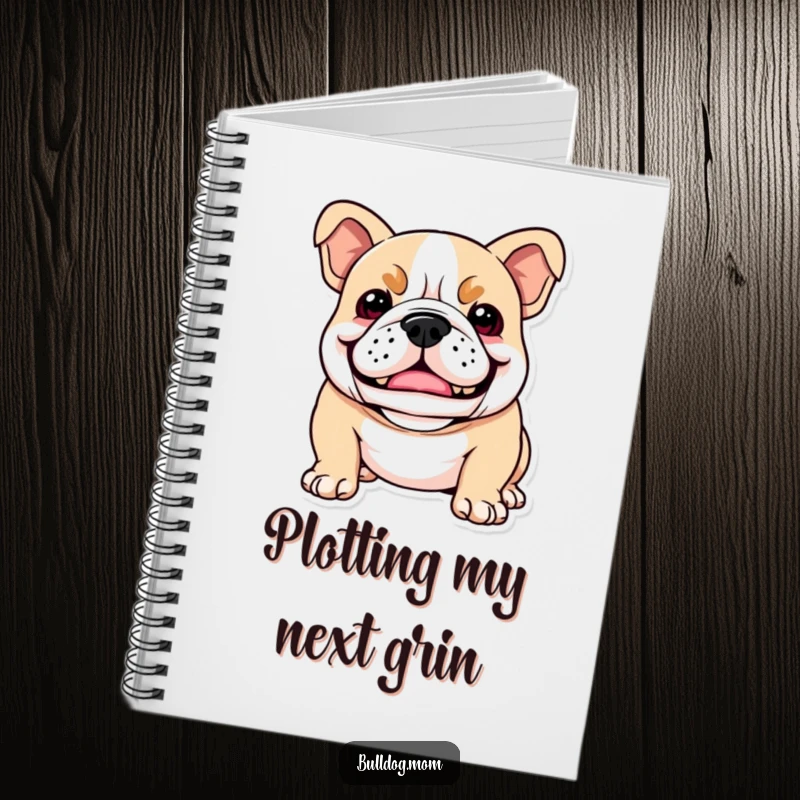 Funny Kawaii Bulldog notebook featuring a dog with a playful snarl that looks like a happy smile, ideal for notes and ideas.