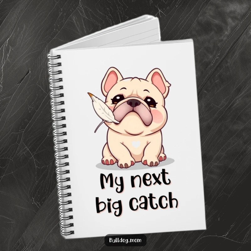 Funny Kawaii Bulldog notebook with a playful snort, attempting to catch a floating feather, great for notes and creative ideas.