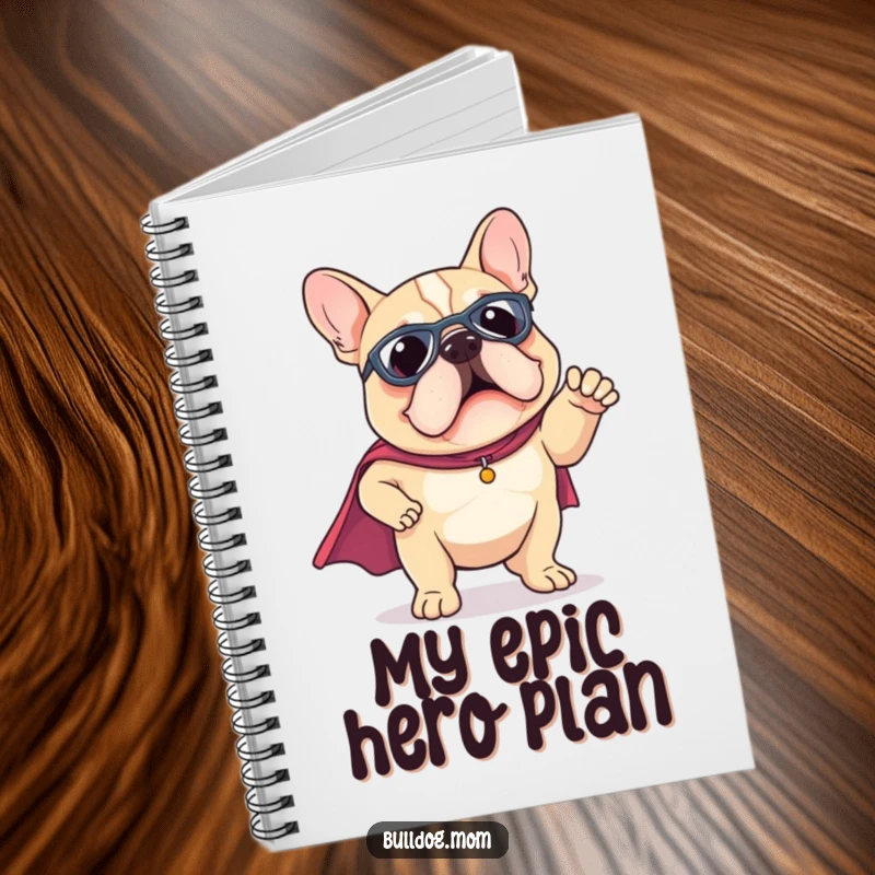 Funny Kawaii Bulldog notebook wearing a tiny superhero cape, striking a funny pose, perfect for recording heroic ideas.