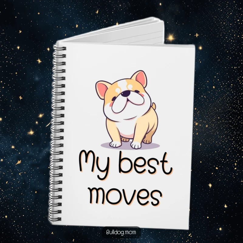 Funny Kawaii Bulldog doing a happy wiggle with stubby legs, a humorous and inspiring notebook.