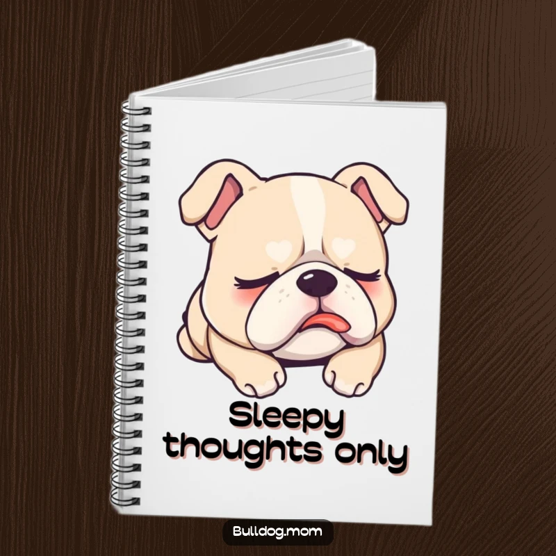 Funny Notebook with a sleepy Kawaii bulldog, tongue slightly out, dreaming, perfect for capturing thoughts and inspiring humorous ideas.