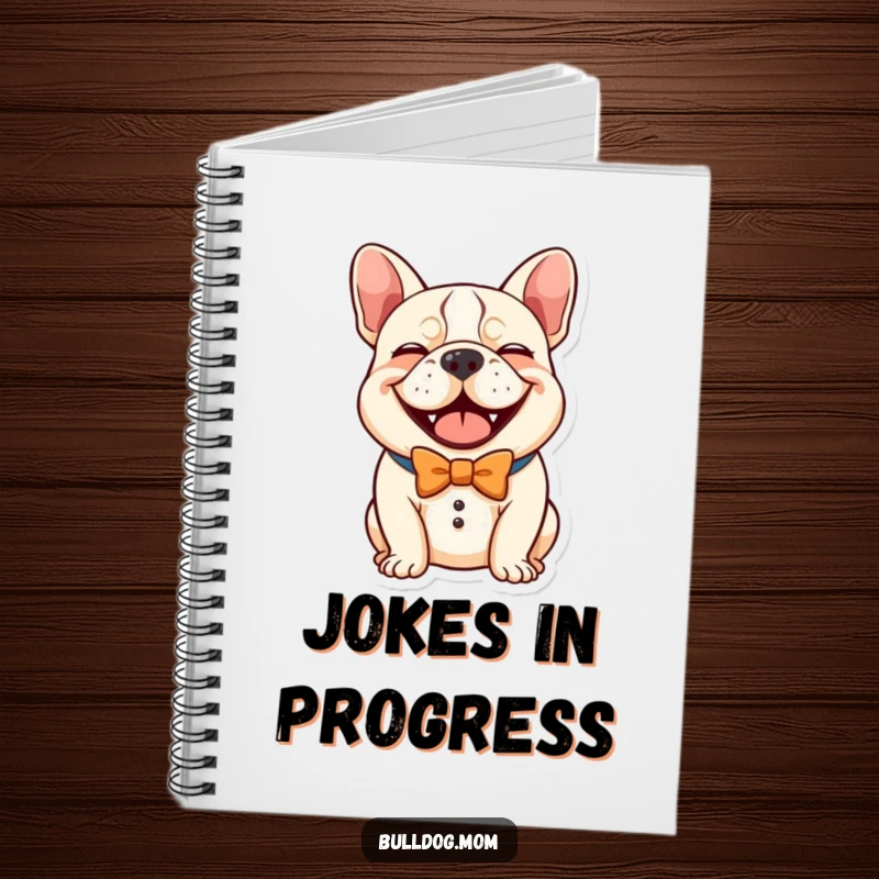 Funny Kawaii Bulldog Notebook, a cute dog in a comical bow tie giving a hearty laugh, a humorous and inspiring journal.