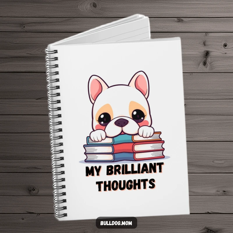 Funny Kawaii Bulldog peeking over a pile of books with a curious expression, a humorous notebook.