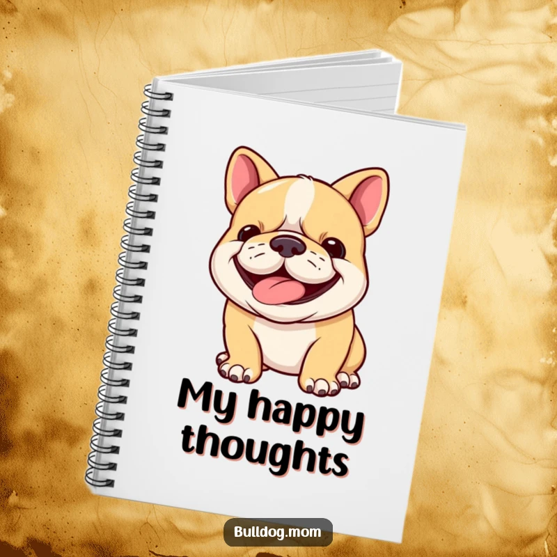 Funny bulldog cub notebook cover featuring a happy puppy panting with a wide, determined grin, perfect for notes and daily reflections.