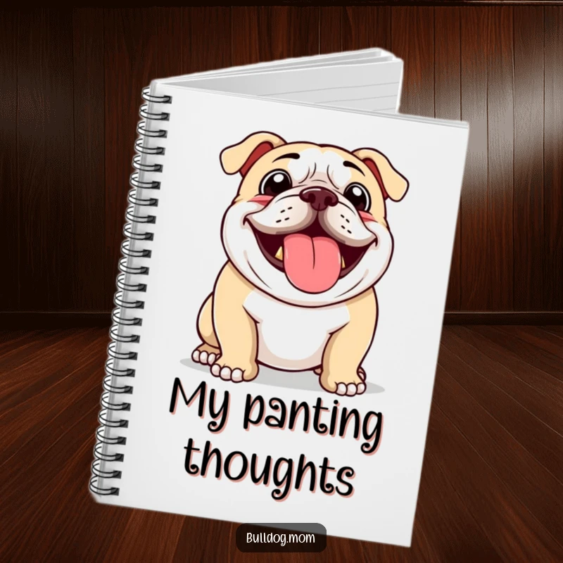 Funny notebook with a bulldog panting with a floppy tongue on the cover, perfect for jotting down ideas humorously.