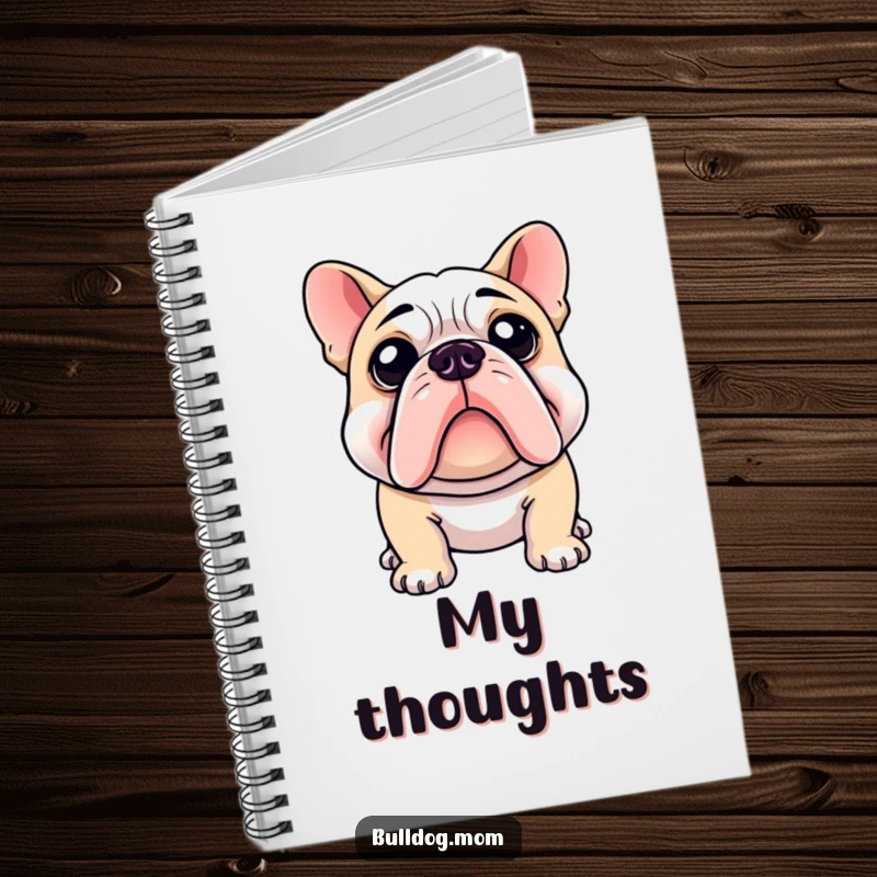 Funny notebook with a bulldog performing a curious head tilt on the cover, perfect for writing down thoughts humorously.