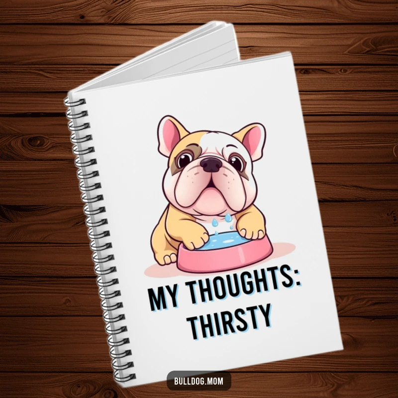 Funny Kawaii bulldog notebook featuring a cute dog enthusiastically chugging water, perfect for notes and sketches.