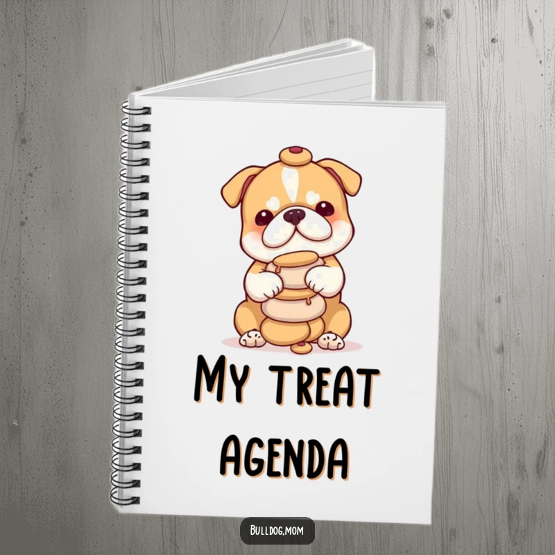 Funny bulldog cub notebook cover showing a determined puppy carefully stacking round treats, perfect for jotting down notes and inspirations.