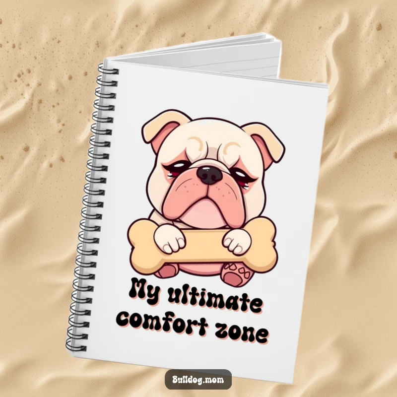 Funny Kawaii Bulldog notebook with droopy eyes, blissfully cuddling a plush bone, perfect for jotting down notes with cute charm.