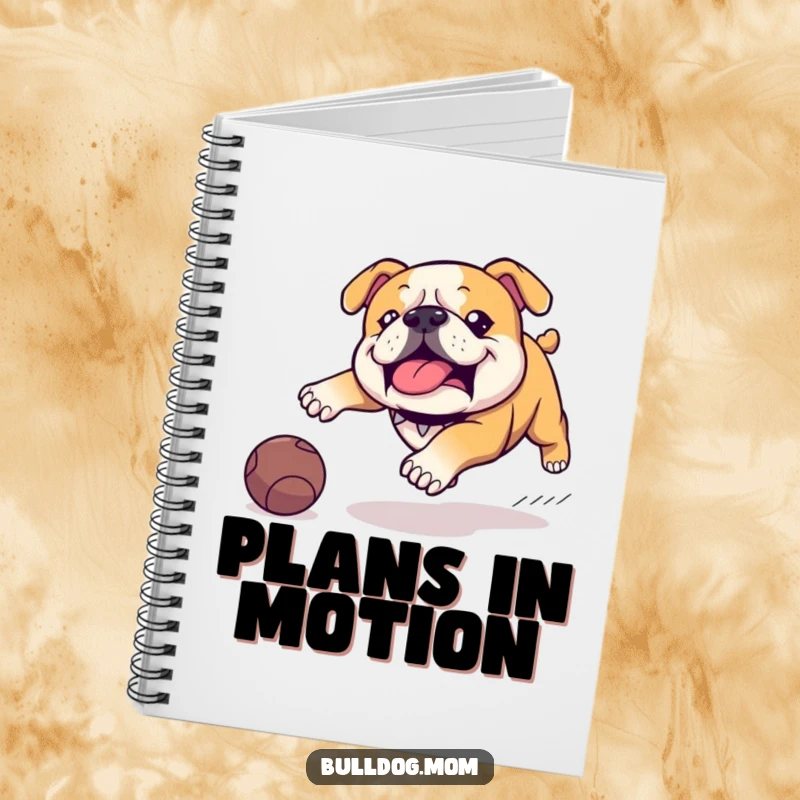 Funny Kawaii Bulldog notebook cover, showing a cute dog waddling with great determination after a rolling ball, a humorous and inspiring design.
