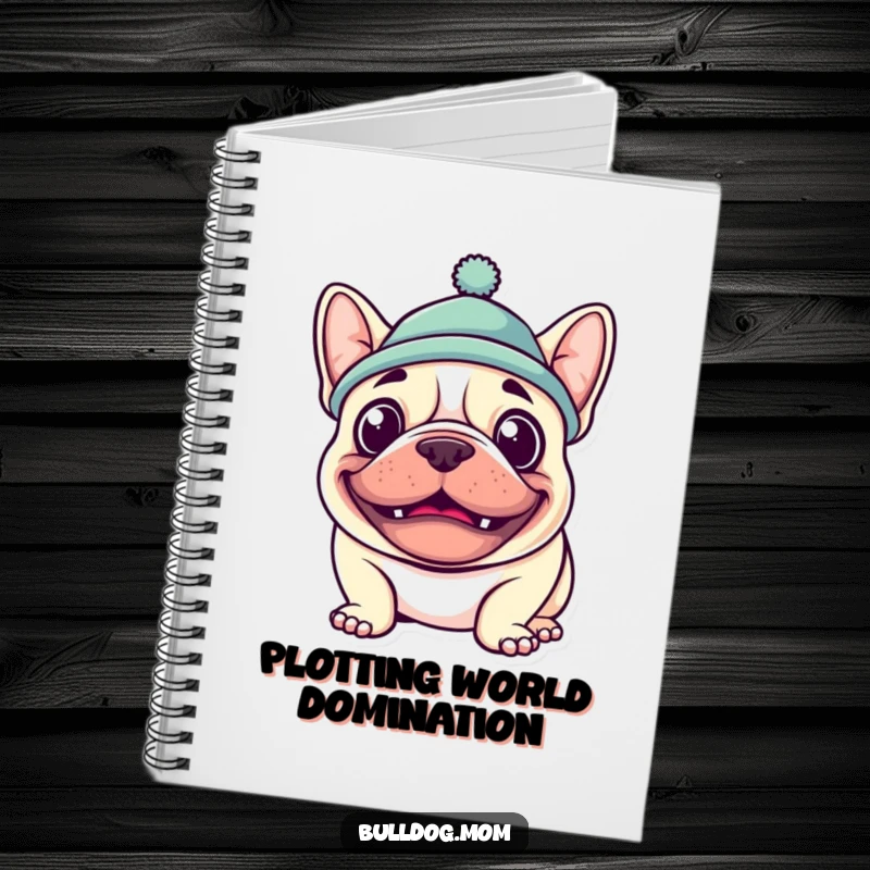 Funny Kawaii Bulldog Notebook with a goofy grin and hat, ideal for notes, journaling, and adding humor to everyday tasks.