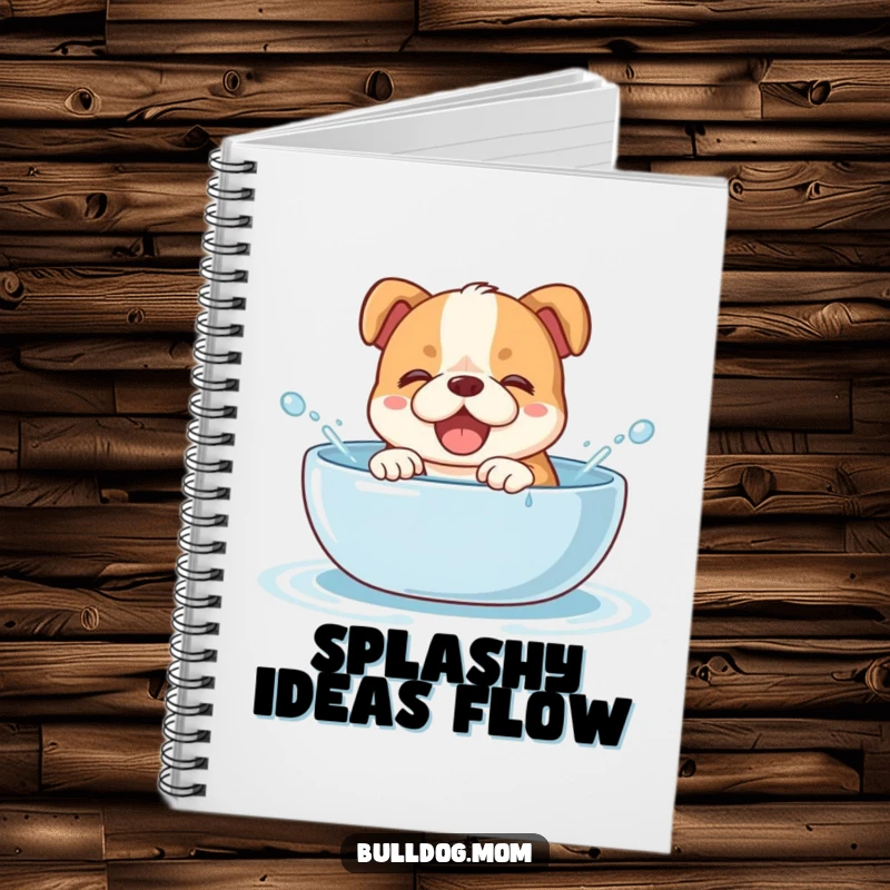 Funny bulldog cub notebook cover featuring a giggling puppy splashing in a water bowl, ideal for jotting down notes and playful thoughts.