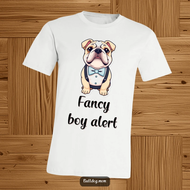 Funny T-shirt showcasing a bulldog wearing a small bow tie and suspenders, exuding charm and sophisticated humor.