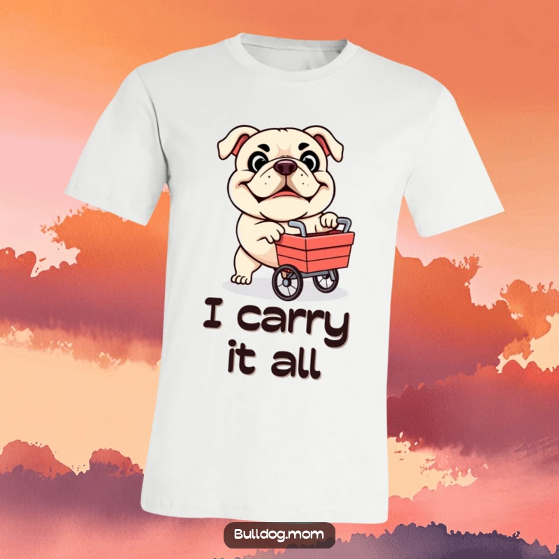 Funny t-shirt featuring a determined bulldog mascot enthusiastically pushing a small cart, radiating playful ambition.