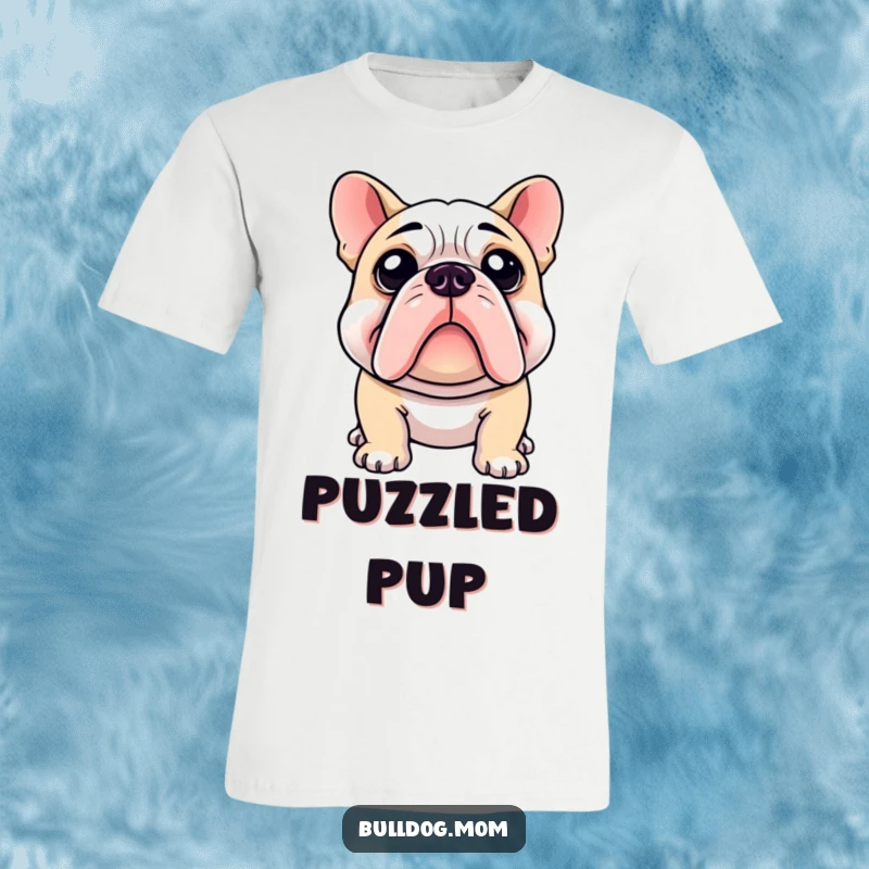 Funny t-shirt showcasing a bulldog with a charmingly curious head tilt, examining the world with playful wonder.