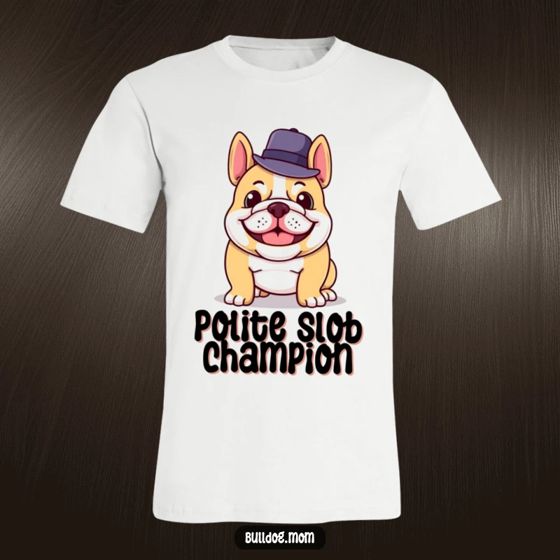 Funny T-shirt with a grinning bulldog tipping its hat, projecting a suave and humorous personality.