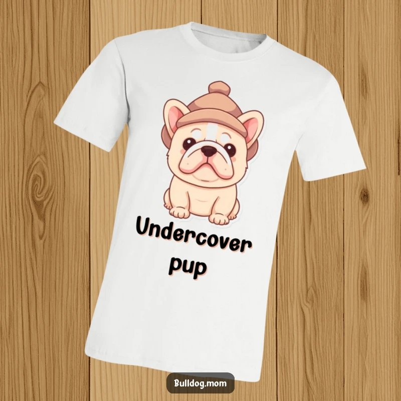 Funny Bulldog pup t-shirt depicting a fluffy puppy peeking out from under a comically small hat, an image of pure puppy mischief.