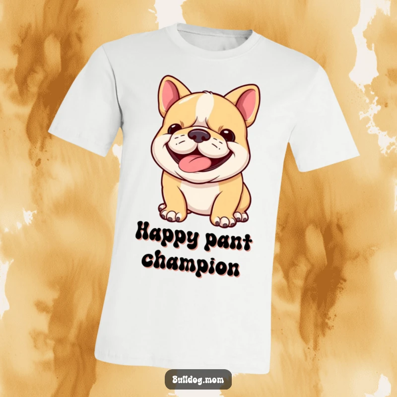 Funny bulldog cub t-shirt of a joyful puppy panting happily, its determined grin capturing a moment of pure, infectious canine delight.