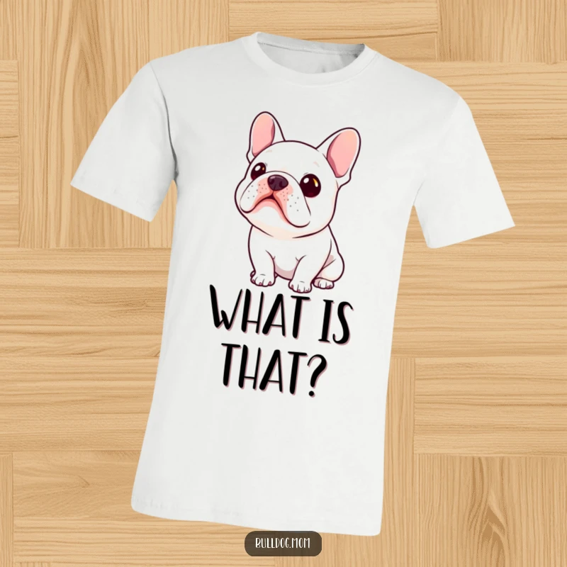 Funny Kawaii Bulldog T-Shirt depicting a cute bulldog tilting its head with a look of deep curiosity.