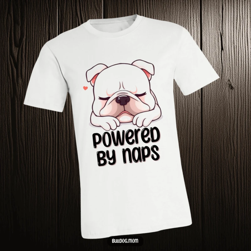 Funny Kawaii bulldog t-shirt depicting a content dog sighing as it settles down for a much-needed, humorous nap.