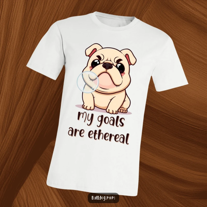 Funny Kawaii Bulldog T-shirt, wrinkled brow, happy eyes, mid-jump, playfully chasing a solitary bubble, a moment of pure, funny delight.