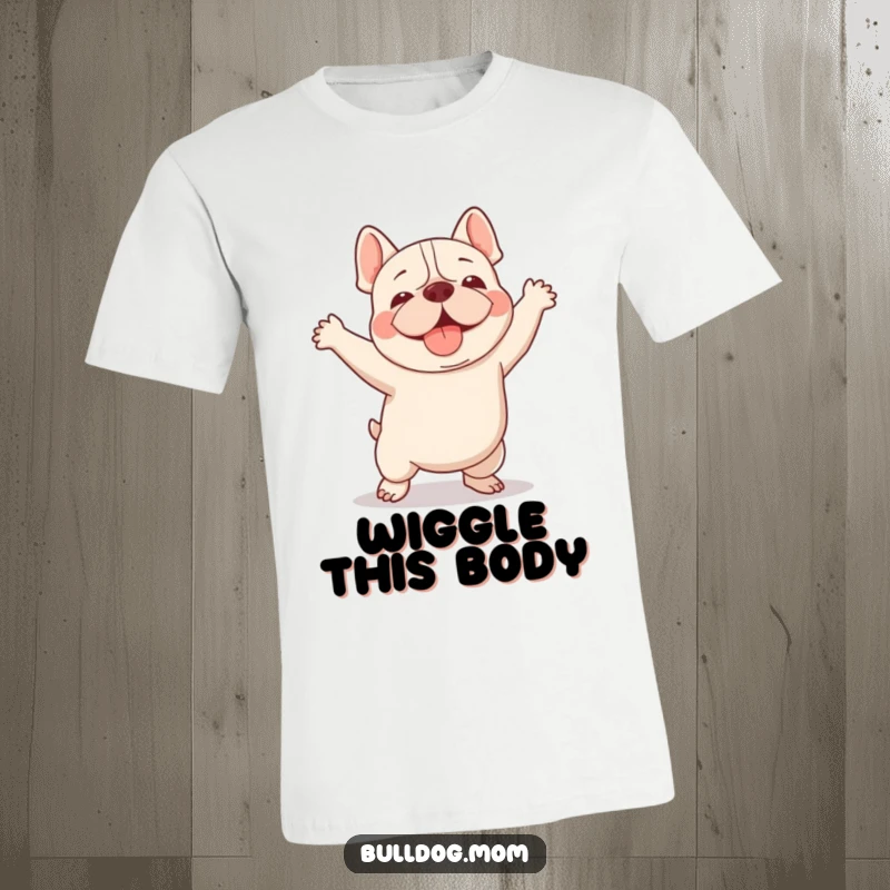 Funny Kawaii Bulldog t-shirt featuring a dog doing a clumsy but adorable happy dance, perfect for expressing carefree joy.
