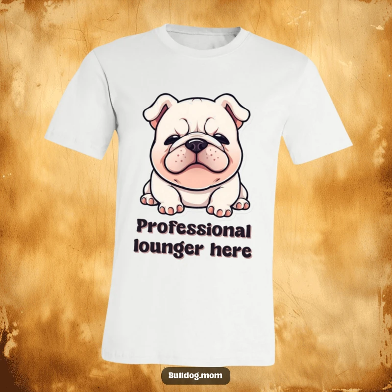 Funny Kawaii Bulldog t-shirt showcasing a happy bulldog flopped down, letting out a satisfied sigh, perfect for relaxation lovers.