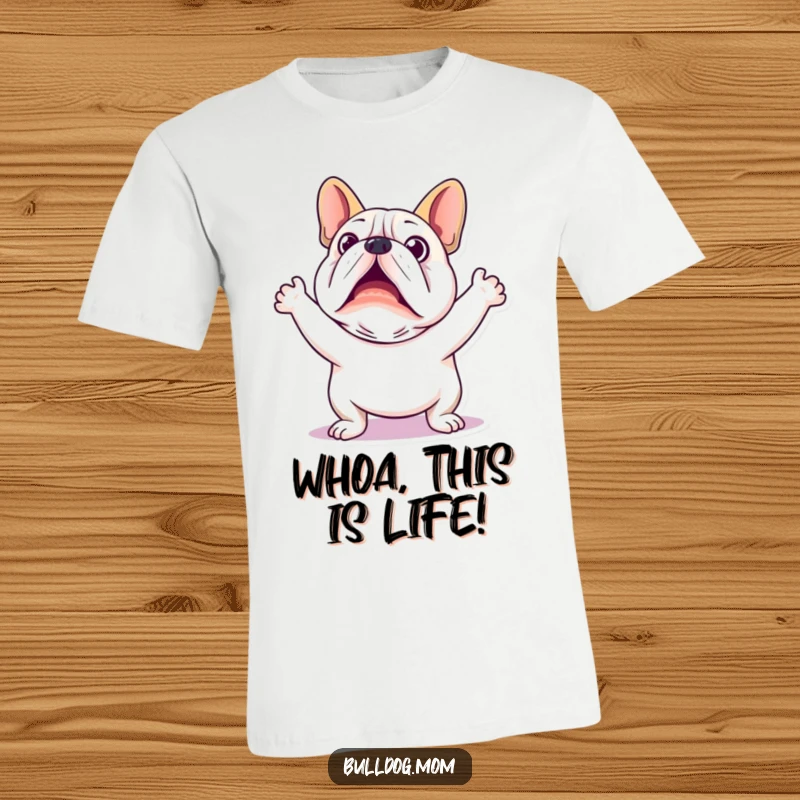 Funny Kawaii Bulldog T-Shirt: A cute bulldog with a shocked face and arms flailing wildly in cartoon style.