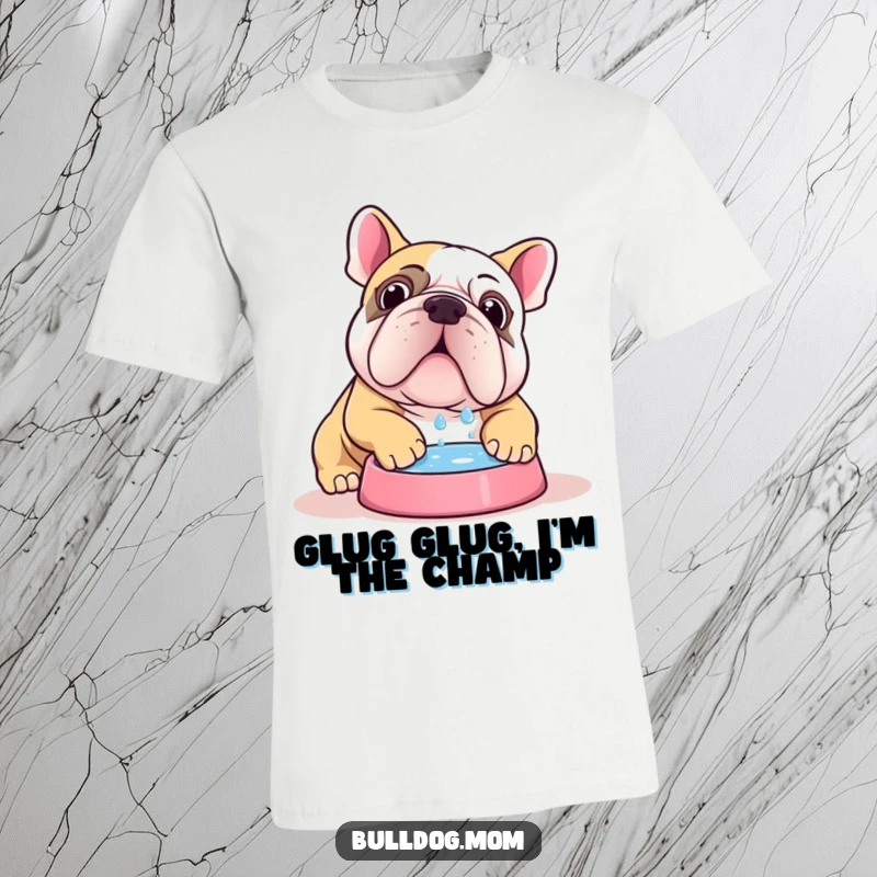 Funny Kawaii bulldog t-shirt with a cute dog enthusiastically chugging water from its bowl, a perfect gift for dog lovers.