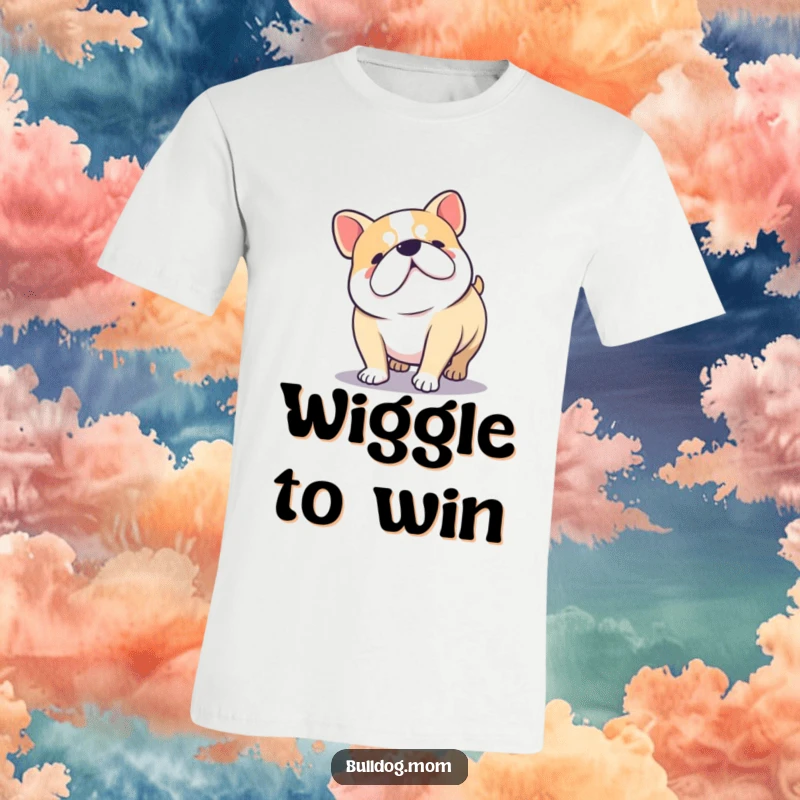 Funny Kawaii Bulldog doing a happy wiggle with its short, stubby legs, a side-splittingly cute t-shirt.