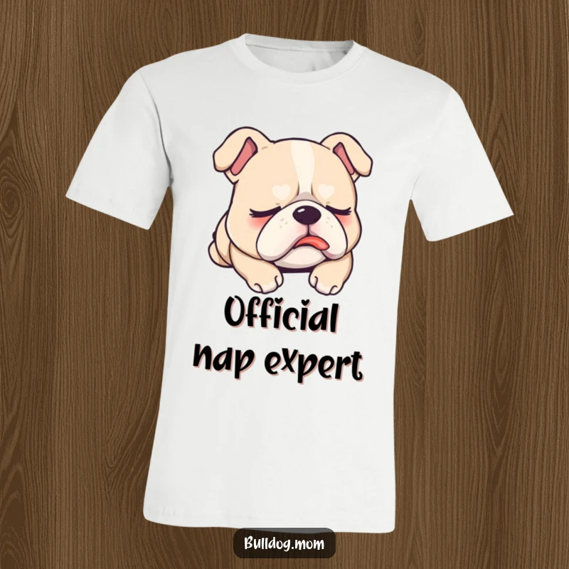 Funny T-Shirt with a sleepy Kawaii bulldog, tongue slightly out, embodying the ultimate comfy and humorous nap.