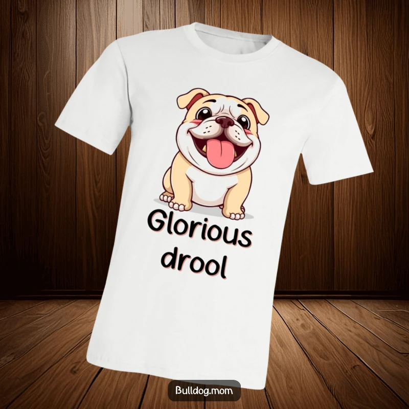 Funny t-shirt depicting a bulldog panting with extreme enthusiasm and a floppy tongue, full of life.
