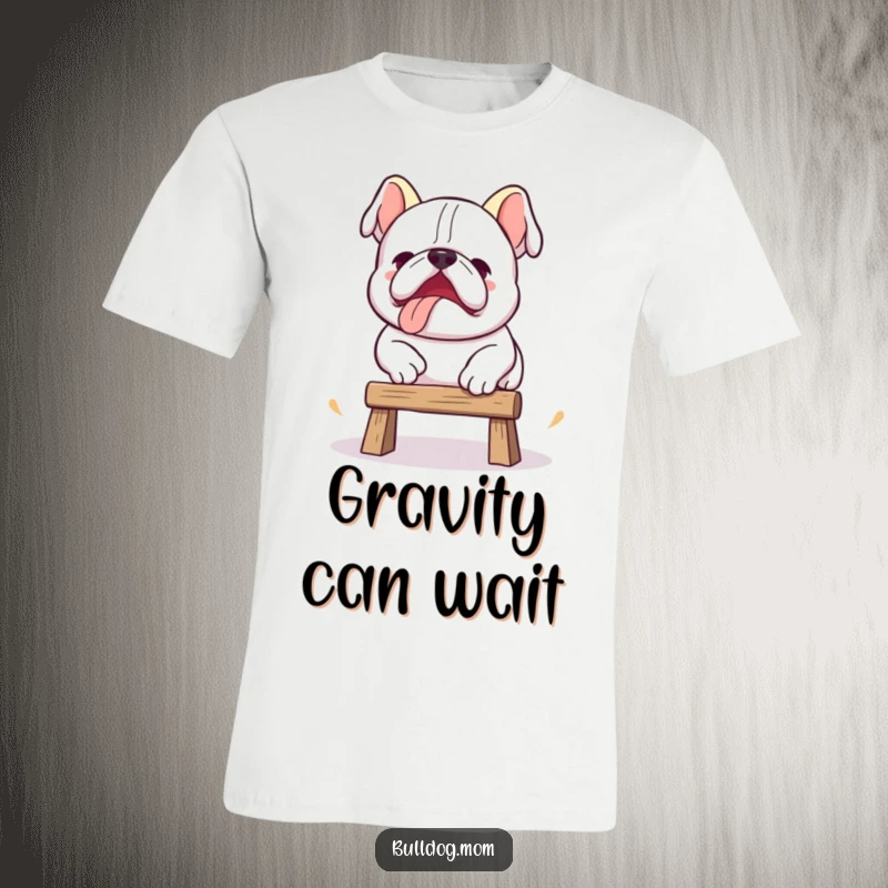 Funny Kawaii bulldog t-shirt featuring a cute pup attempting a clumsy jump over an obstacle, a humorous gift.