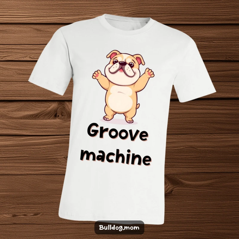 Funny t-shirt depicting a bulldog in a hilarious, clumsy, happy dance, exuding pure uninhibited joy.