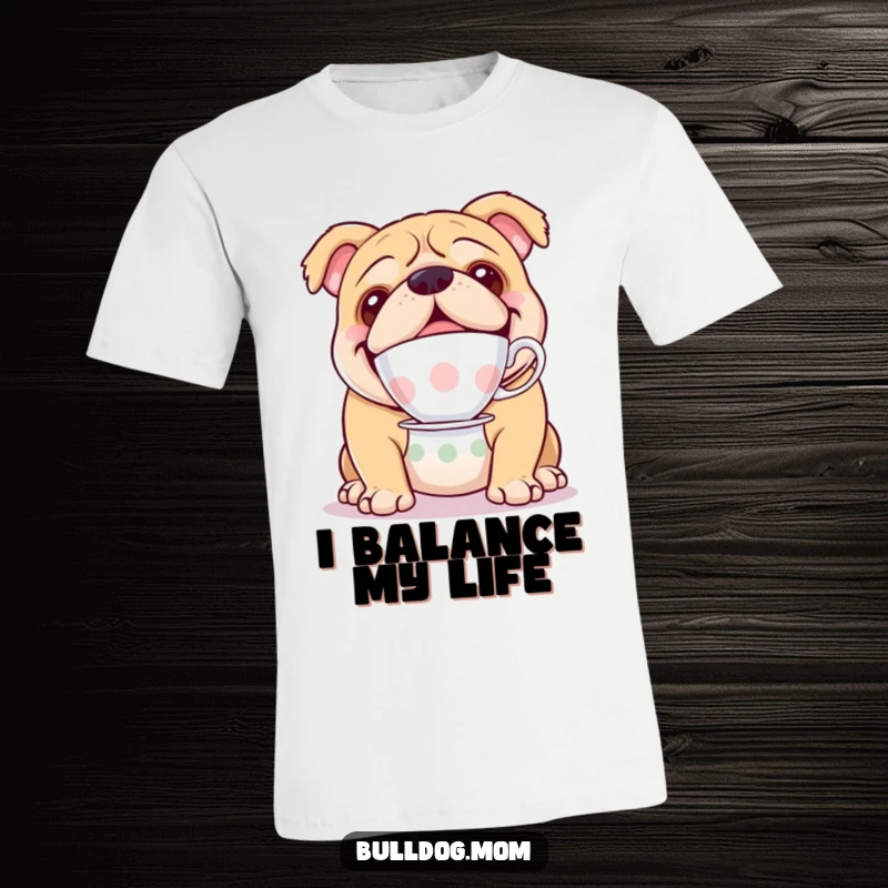 Funny t-shirt displaying a happy bulldog balancing a teacup on its nose with perfect poise and humor.