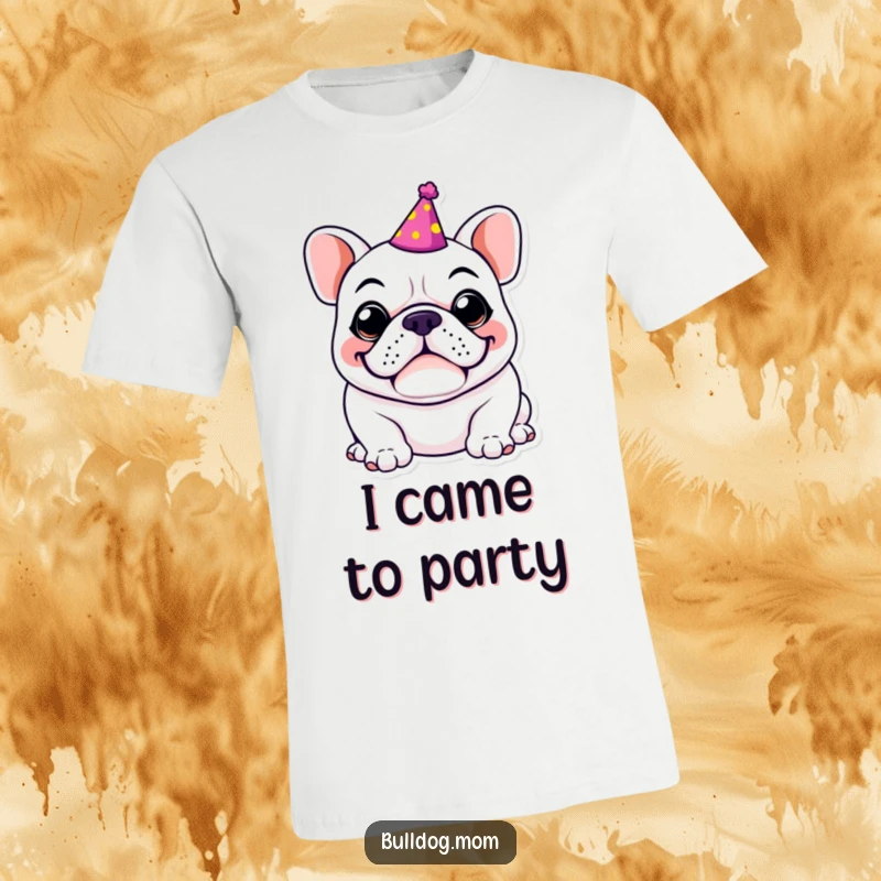 Funny Kawaii Bulldog t-shirt, wearing a minuscule party hat, beaming with a massive, goofy grin, embodying pure, hilarious party animal vibes.