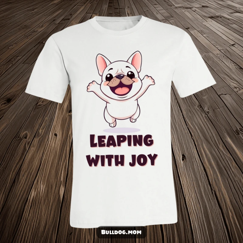 Funny Kawaii Bulldog T-Shirt showing a cute bulldog leaping with pure excitement and a happy grin.