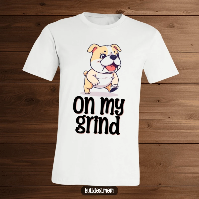 Funny kawaii Bulldog t-shirt featuring a determined, energetic stride, ideal for a funny gift. Adorable dog illustration for a humorous look.