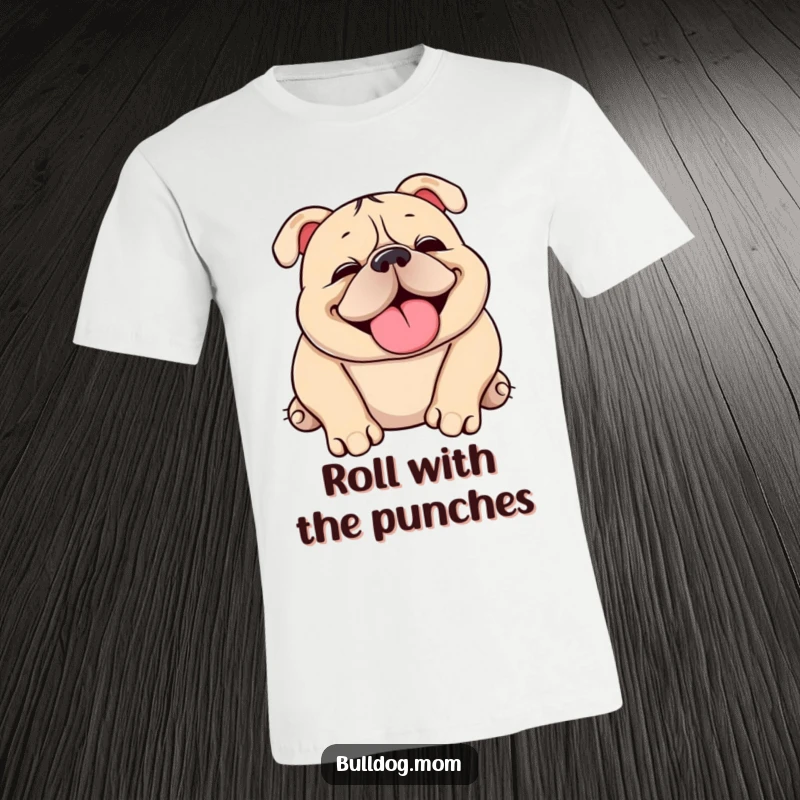 Funny Kawaii bulldog t-shirt with a cute, squishy dog happily snorting and rolling over playfully, a humorous gift.