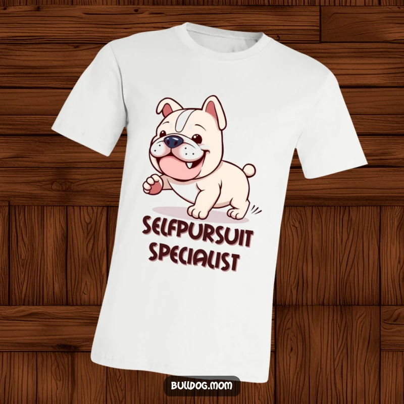Funny Kawaii Bulldog T-Shirt: A cute bulldog with a determined grin, comically spinning in pursuit of its own tail, full of energy.