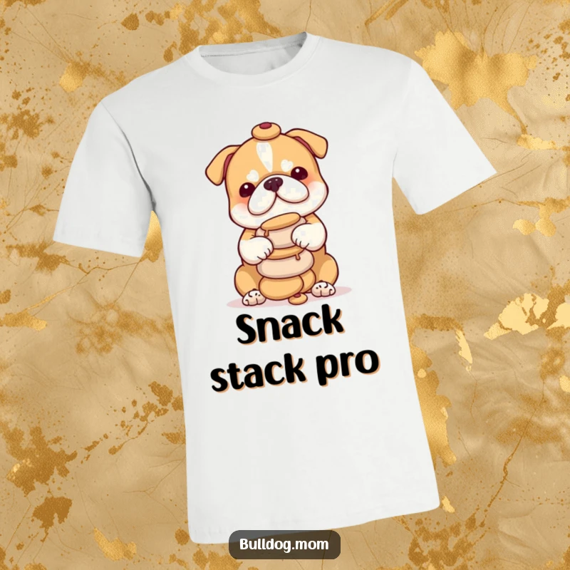 Funny bulldog cub t-shirt of a playful puppy with a sweet grin, expertly balancing a tall stack of tiny treats on its nose.