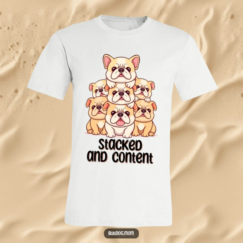 Funny Kawaii bulldog t-shirt featuring a stack of cute pups piled contentedly on top of each other, a humorous gift.